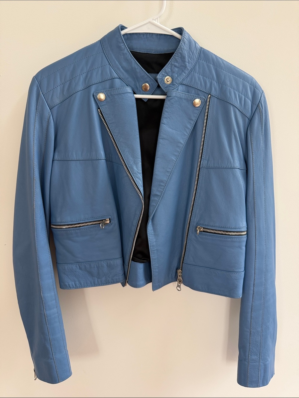 Custom Light Blue Faux Leather Biker Jacket by Elliott Label